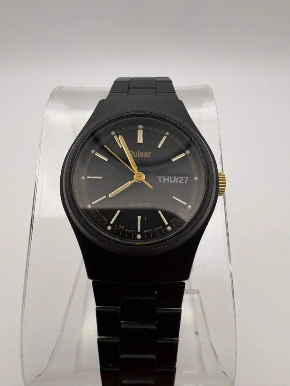 Vintage Pulsar Quartz Watch Black Metal Day Date Y643-0330 New Battery Gold Tone